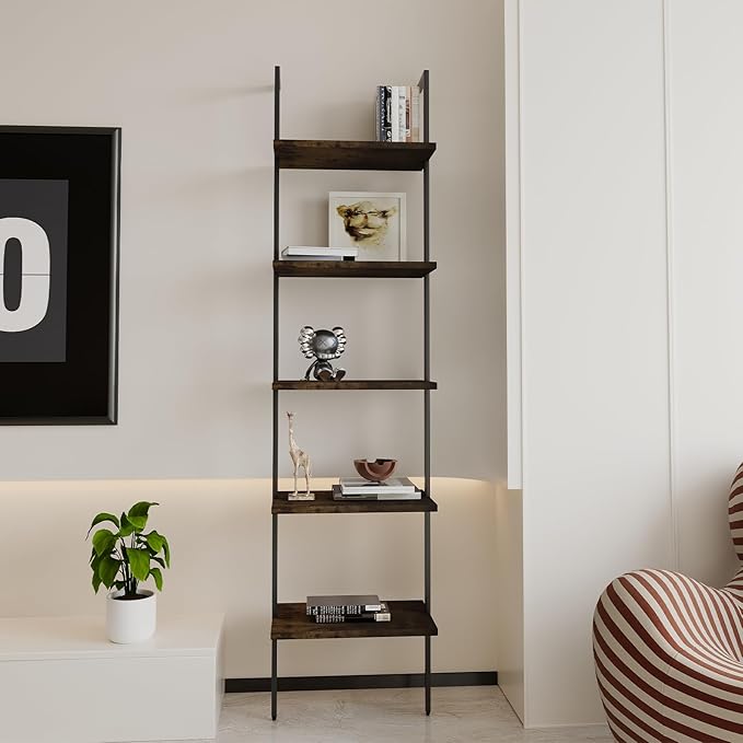 Ladder Shelf 5 Tiers Metal Industrial Bookshelf,Rustic Brown Wood Tall Open Storage Rack and Display Shelves,Wall Mount Wide Book Case for Home Office Bedroom,Small