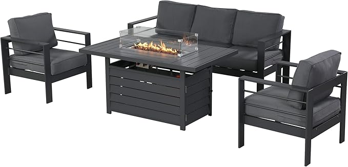 Wisteria Lane Aluminum Patio Furniture Set, 4 Pcs Metal Outdoor Furniture Set with CSA Certified 54in Propane Gas Fire Pit Table, Patio Conversation Set with 5in Olefin Cover Cushions, Dark Grey