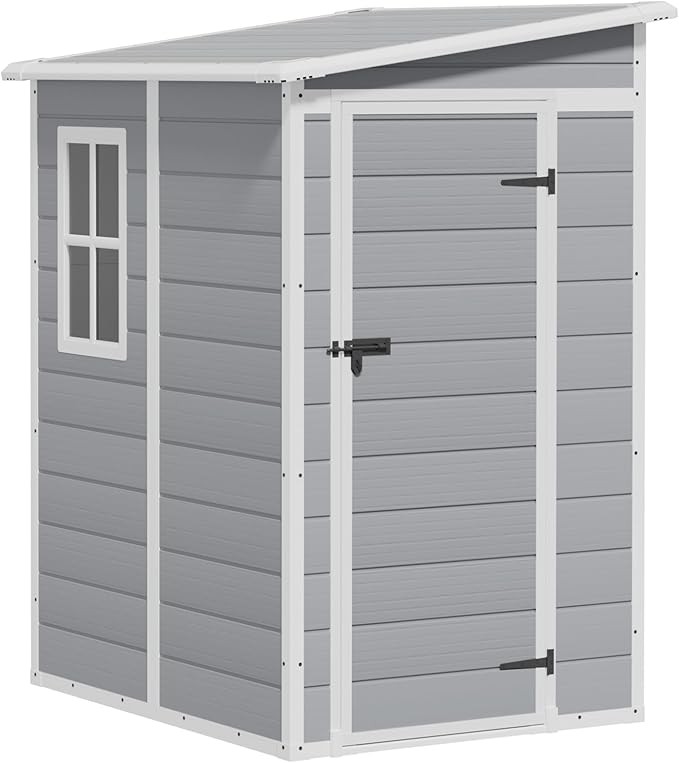 Greesum 5' x 4' Resin Weather Resistant Outdoor Storage Shed with Floor for Garden,Backyard,Pool Tool, Light Grey