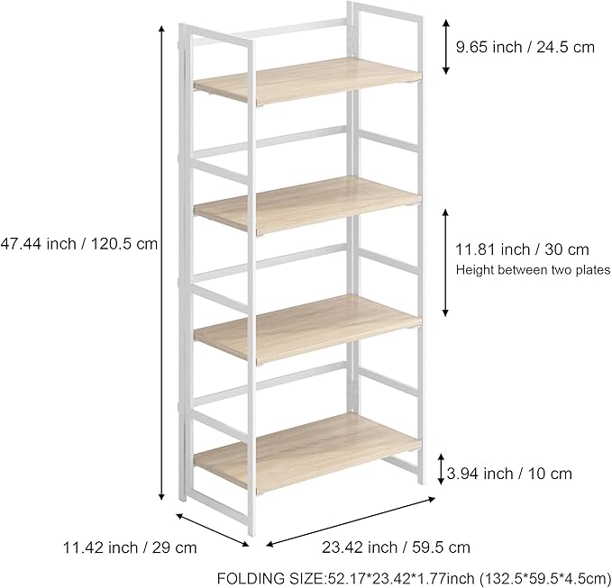 No-Assembly Folding Bookshelf Storage Shelves 4 Tiers Vintage Multifunctional Plant Flower Stand Storage Rack Shelves Bookcase for Home Office (White)
