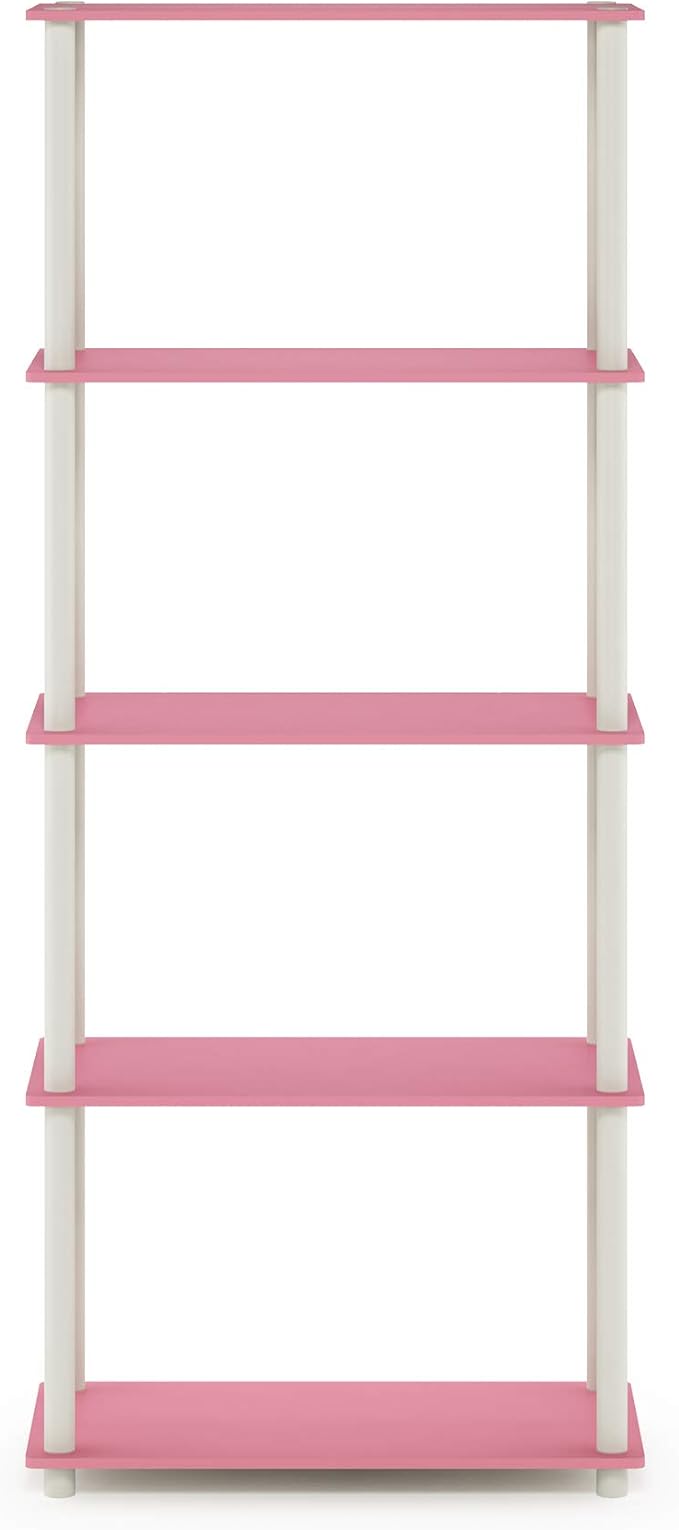 Furinno Turn-N-Tube Multipurpose Shelf / Display Rack / Storage Shelf / Bookshelf, 5-Tier Round Tube, Pink/White