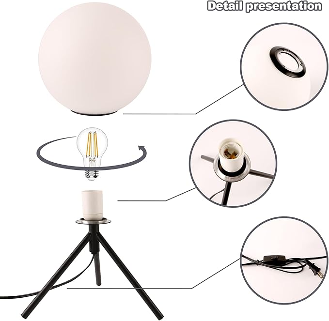 Mid Century Modern Table Lamp Black Glass Globe Desk Lamp Reading Lamp Vintage Plug in Table Desk Lamp for Bedroom Office Library Study Room (Black)