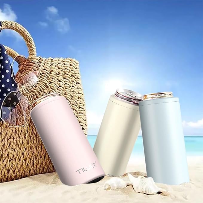 TILUCK Skinny Can Cooler, Stainless Steel Insulated Slim Cans, 12 oz | Beer & Hard Seltzer, Doucle-Walled Stainless Steel Insulated Slim Cans, Slim 12 oz(Frosted Pink)