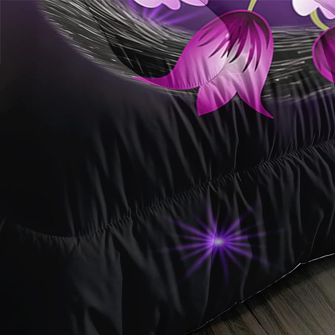 Black Cat Bedding Cartoon Cat Comforter Set Twin,Daisy Butterflies Printed Kids Bedding Set for Kids Boys Girls Adults Room Decor,Kids Comforter Set All Season,1 Quilt 2 Pillow Cases,Purple