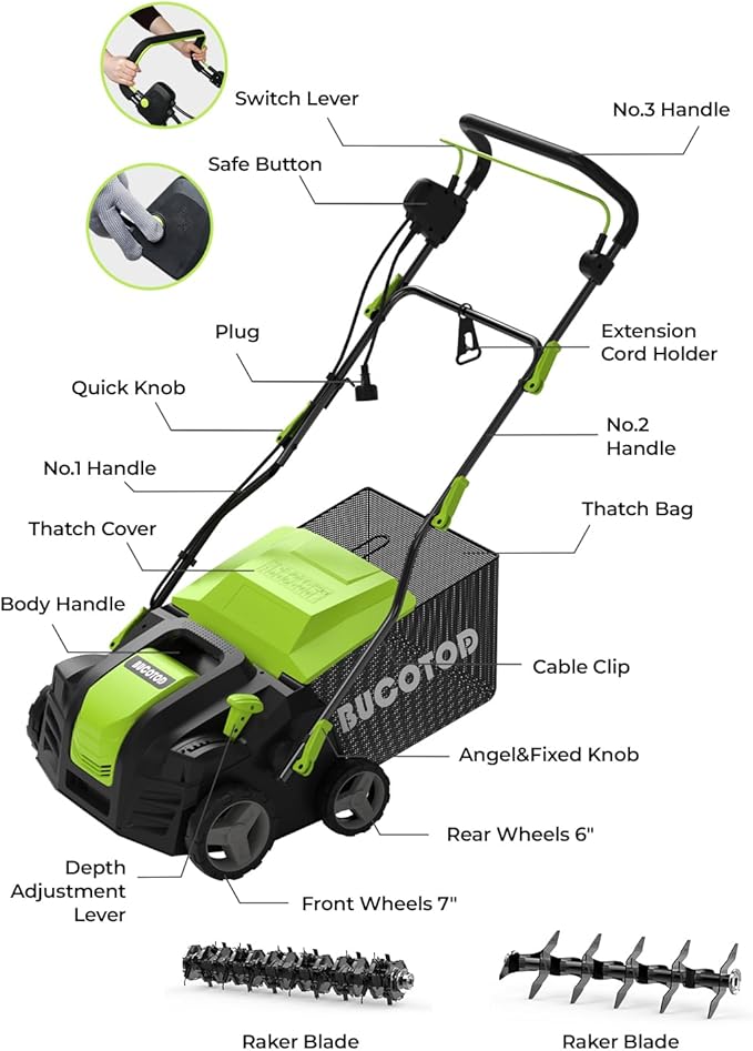 2-in-1 16-Inch Dethatcher & Scarifier Electric Corded, 15 Amp Copper Motor, Electric Lawn Dethatcher with 5-Position Depth Adjustment, 14.5 gal Thatch Bag,Walk Behind for Yard Lawn Garden Care