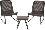 Keter Rio 3 Piece Resin Wicker Patio Furniture Set with Side Table and Outdoor Chairs, Brown