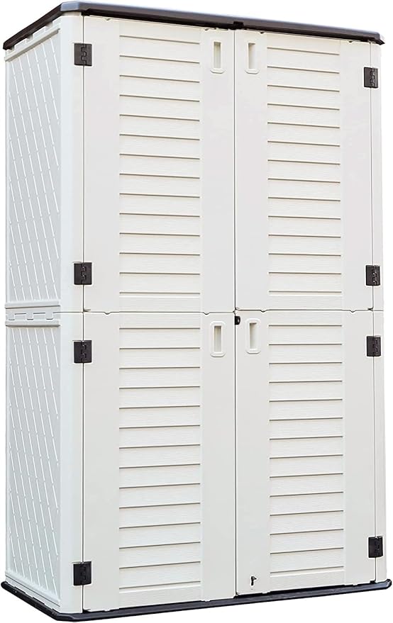 KINYING Outdoor Storage Cabinet Waterproof, Resin Vertical Outdoor Storage Shed for Patio Furniture, Garden Tools, Pool Accessories, Mower Storage (66 Cu.ft, Off White)