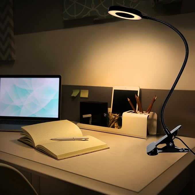 4 Pcs Desk Lamp Clip on Light 48 LEDs USB Clip Ring Light with 3 Color Modes and 10 Brightness Dimmable, Eye Protection Desk Light, 360° Flexible Gooseneck for Desk Headboard Reading