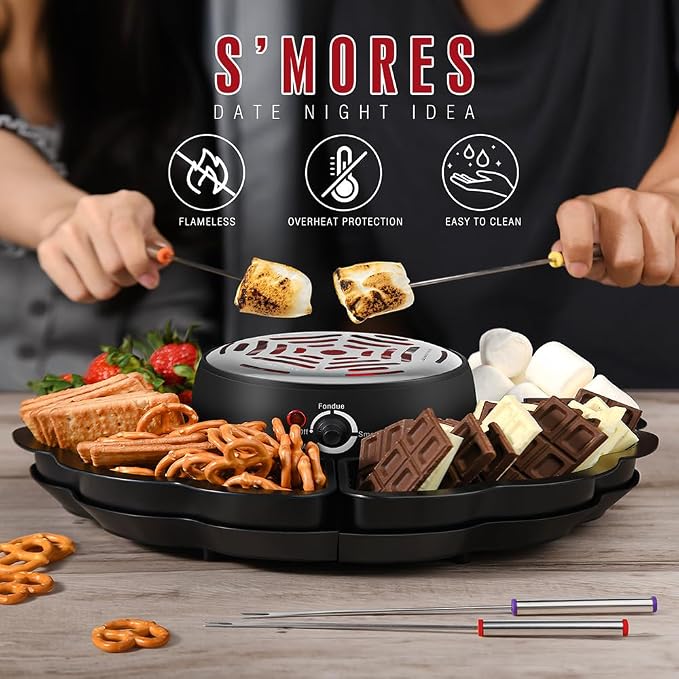 2-in-1 Electric S'mores Maker and Chocolate Fondue Set with 4 Detachable Food Trays, Stainless Steel Melting Pot, 4 Roasting Forks, Black