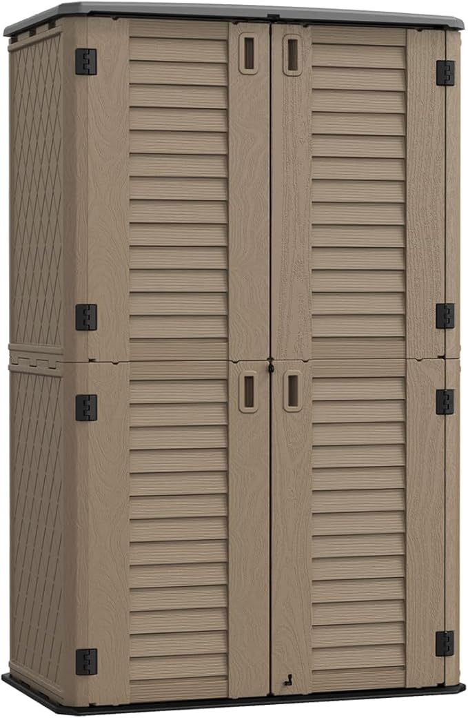 KINYING Sheds & Outdoor Storage, 66 cu.ft Vertical Outdoor Storage Cabinet, Resin Storage Sheds Outdoor with Floor for Garden Tools,Patio Furniture,Garbage Cans(Brown Color)