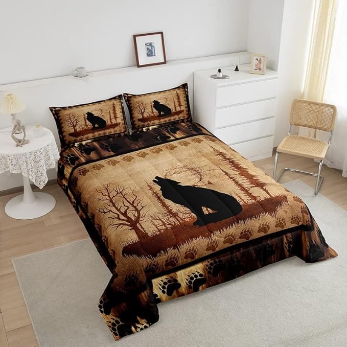 Feelyou Cute Wolf Comforter Set for Girls Boys Kids Wolves Howling Bedding Set Room Decorative Animal Wolves Tree Pattern Bedding Set Exotic Style Brown Black Duvet Set King Size 3Pcs Quilt Set