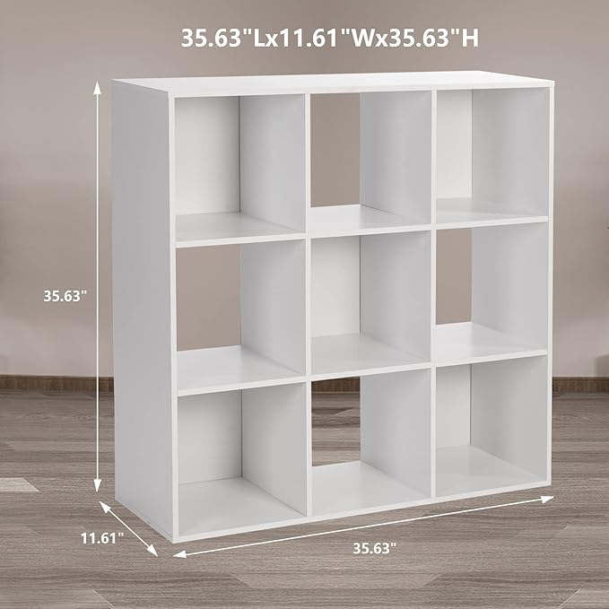 PACHIRA US Open Shelf Bookcase, 9 Cube White Storage Organizer Wood Display Shelf, Free Standing Cubby Bookcase Cabinet Divider Bookshelf Fits 11“ Storage Bin