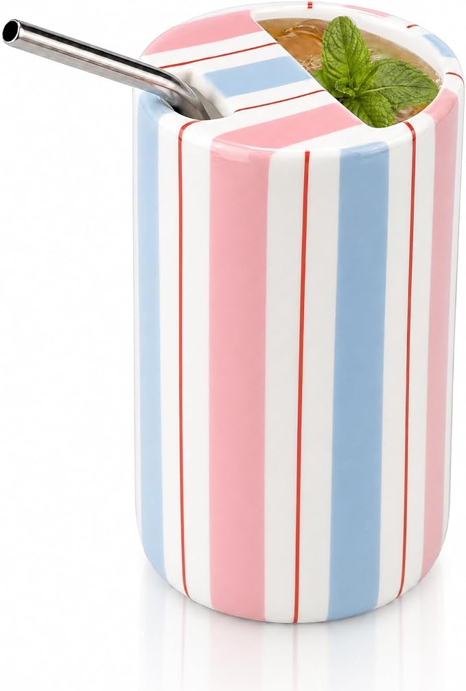 Large Ceramic Coffee Mug with Sip Hole, 17 oz Pastel Candy Stripe Ceramic Travel Mug Cup with Straw and Cleaning Brush for Kitchen Dining Travel Tea Milk Coffee Lovers Gift for Women