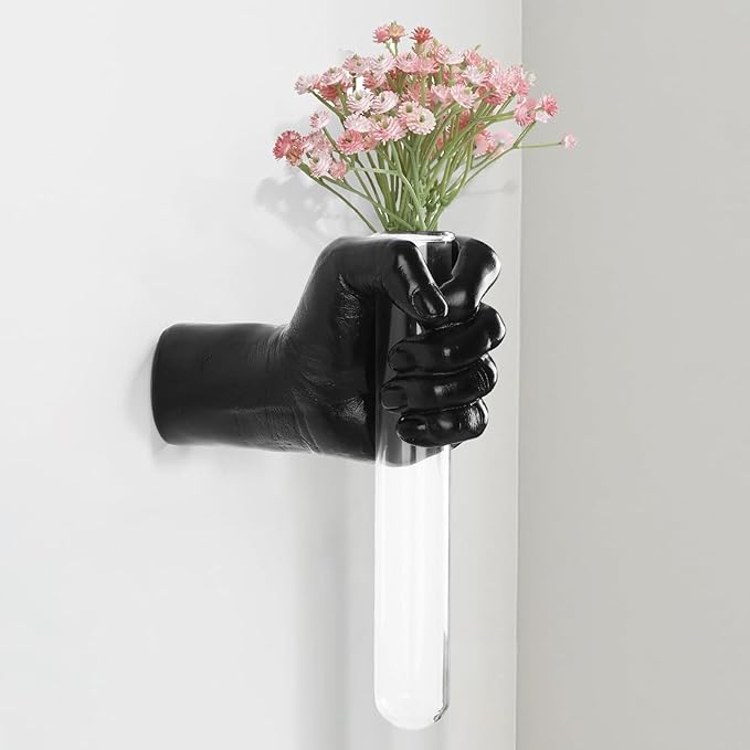 Black Wall Sculptures, Hand Vases Home Decor, Wall Mount Art Sculpture, Unique Wall Art Statue, Funky Flower Vase Decorations, Modern Eclectic Hanging Decor,Glass Test Tube Vase