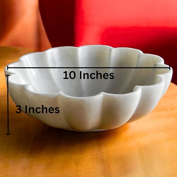 10" Large Ruffle Scalloped Bowl for Home marble decor, Handcrafted White Marble Decorative Bowl – Entryway, Kitchen Counter & Living Room kitchen counter decor