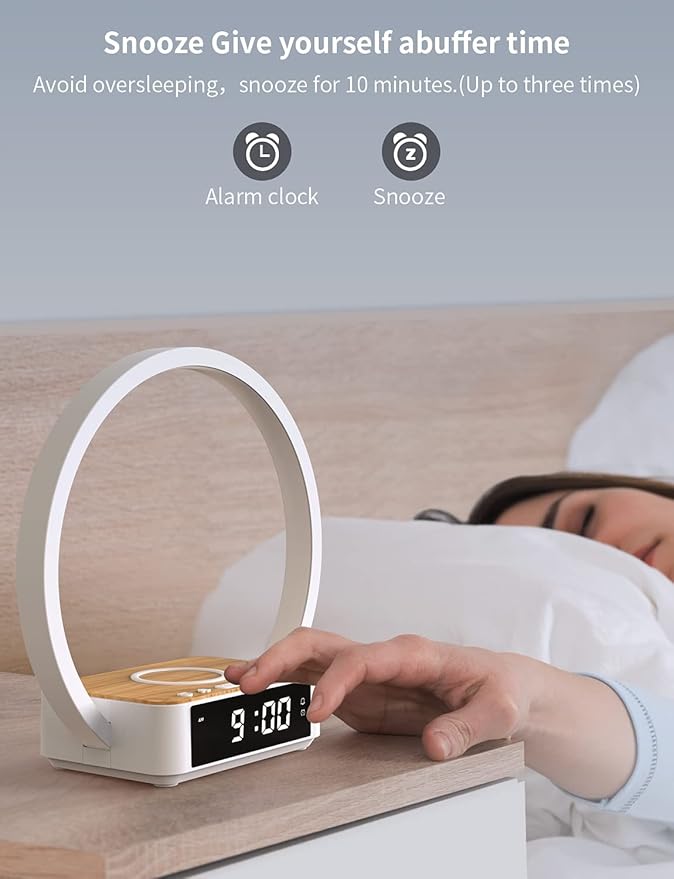 Amouhom Table Lamp, 18W Touch Lamp Alarm Clock with Wireless Charging Wake-Up Light, Digital Sonic 10W Max Qi Charger Nightstand Reading Lamps for Bedside, Reading, Home, Office
