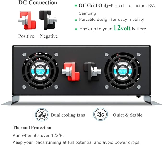2500 watt 12V Pure Sine Wave Inverter, Automotive Car Power Inverter,Dual 120V AC outlets, DC to AC,Best Back Up Power Supply for RV,Home,Office
