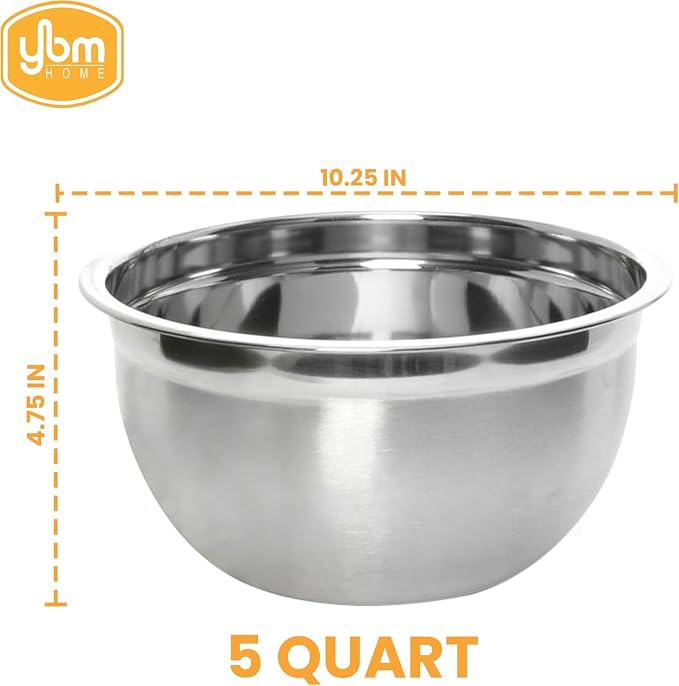 YBM HOME Heavy Duty Professional Stainless Steel Mixing Bowl – Commercial Grade Deep Prep & Serving Bowl for Baking, Cooking, Dough Mixing & Food Prep, Dishwasher Safe, 5 Quarts