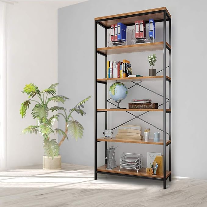 Himimi 6 Tier Industrial Bookshelf, Vintage Standing Storage Shelf, Display Shelving Units, Tall Bookcase, Industrial Metal Book Shelves for Living Room Bedroom and Home Office