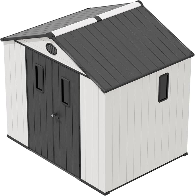 8x8 Resin Outdoor Storage Shed with Floor, Plastic Tool Shed for Gardening, Patio, and Deck, White/Gray