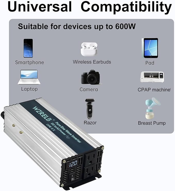 WZRELB 600W Pure Sine Wave Inverter 12V DC to 110V 120V AC Power Converter with LED Display, Off-Grid Portable Power Inverter with 2 AC Outlets for Home, RV, Truck, Camping