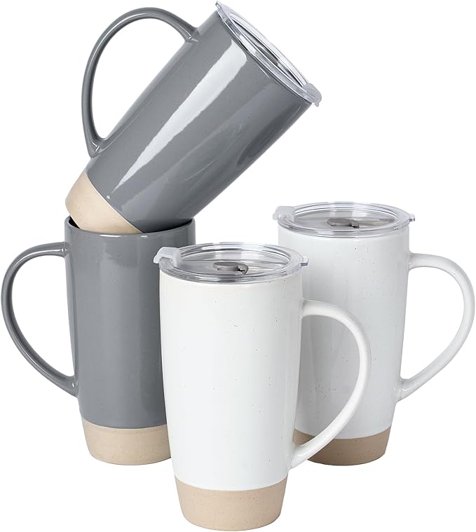 famiware Milkyway Coffee Mugs, 20oz Large Coffee Mug, Ceramic Mug Set of 4 with Lid, Cup Set with Handle for Latte, Tea, Cocoa, Milk, Home & Office, White and Dark Gray
