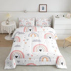 Rainbow Queen Bedding Sets For Girls, Kawaii Cloud Comforter Set 3 Pieces With 2 Pillow Cases, Pink Love Heart Down Comforter For Kids Boys Women Adult, Hand Drawn Cartoon Rainbow Duvet Insert