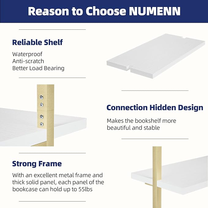 NUMENN 5 Tier Book Shelf, Industrial Ladder Shelf, Open Space Wall Mount Bookshelf with Metal Frame, Sturdy Book Shelves, Bookcase for Living Room, Home Office Shelf, White/Gold