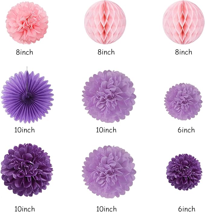 Purple Pink Birthday Party-Decorations Paper-Flowers - 14pcs Happy Banner Lavender Lanterns Tissue Pom Poms,Lilac Streamers Garland Fans Honeycomb,Women Girls Adult Kids Hanging Supplies Decor Hugfond