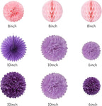 Purple Pink Birthday Party-Decorations Paper-Flowers - 14pcs Happy Banner Lavender Lanterns Tissue Pom Poms,Lilac Streamers Garland Fans Honeycomb,Women Girls Adult Kids Hanging Supplies Decor Hugfond