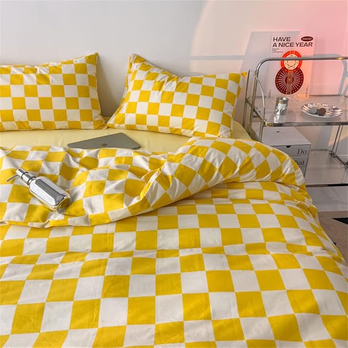 Wellboo Yellow and White Comforter Sets Full Women Men Bright Yellow Checkerboard Grid Bedding Comforters Cotton Boys Girls Modern Light Yellow Checkered Geometric Quilts Luxury Elegant Yellow Bed