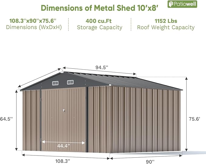 Patiowell 10 x 8 FT Outdoor Storage Shed, Large Garden Tool Metal Shed with Sloping Roof and Double Lockable Door, Outdoor Shed for Backyard Garden Patio Lawn, Brown