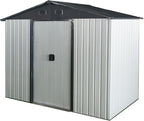 4x8 FT Outdoor Storage Shed, Metal Garden Shed with Frame Floor, Outside Tool Shed with Lockable Sliding Doors, Waterproof Storage Building with Sloped Roof for Backyard, Patio, Lawn, White+Black
