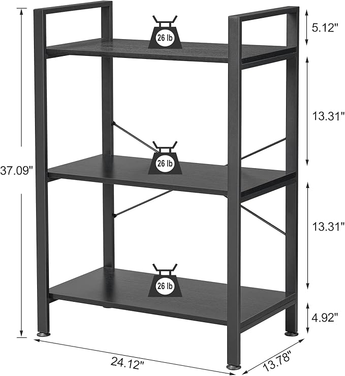 BEWISHOME 3 Tier Bookshelf, Modern Small Book Shelf for Small Spaces, Black Wooden Shelves for Bedroom Living Room and Home Office, 13.78" D x 24.12" W x 37.09" H, JCJ42B