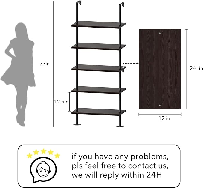 Ladder Shelf Bookcase 5 Tier, Extra Sturdy Modern Bookshelf Wall Mounted, Tall Black Open Book Shelf, Standing Industrial Metal Frame with Wooden Shelves