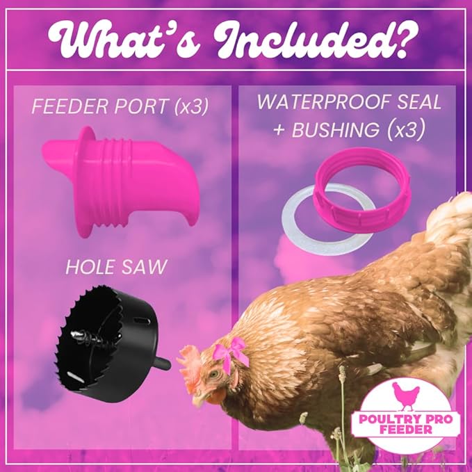 Hot Chicks Only | The Original Pink Poultry Pro Feeder DIY Port PVC Gravity Fed Chicken Feeder 3 Ports and Hole Saw | Rain Proof, Weather Resistant Chicken Feeder (Hot Chick Feeder Kit)