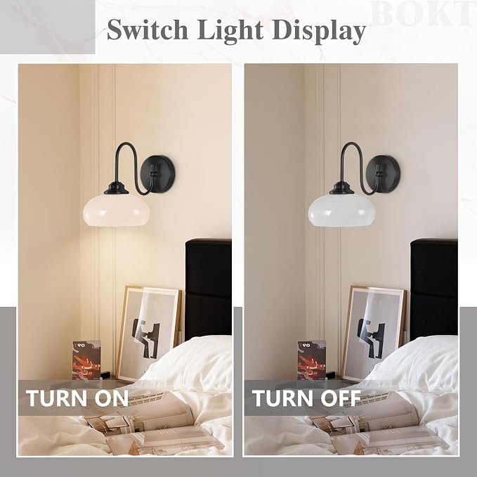 Modern Matte Black Wall Sconce Farmhouse 7.9" Milk White Glass Globe Wall Lamp for Industrial Style Hard-Wired Semi Flush Mount Wall Light Fixture for Stairway, Hallway, Bedroom