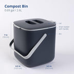 Blue Ginkgo Kitchen Compost Bin [2.6L / 0.69 GAL] – Filter-Free, Odor-Tight Countertop Food Waste Pail with Handles (Made in Korea, Gray)