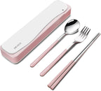 DEVICO Travel Utensils, 18/8 Stainless Steel 4pcs Cutlery Set Portable Camp Reusable Flatware Silverware, Include Fork Spoon Chopsticks with Case (Pink)