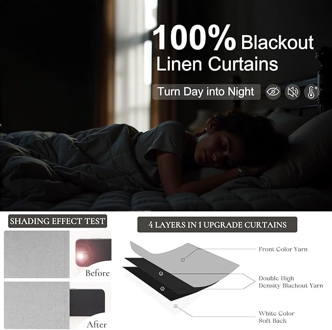 Living Room Darkening Curtains 72 Inches Long 6FT 6 FT Length 2 Panels Set Double Sided Blocking Light Gray Blackout Garage Window Coverings Grey Black Out Farmhouse Linen Drapes for Bedroom Cabin