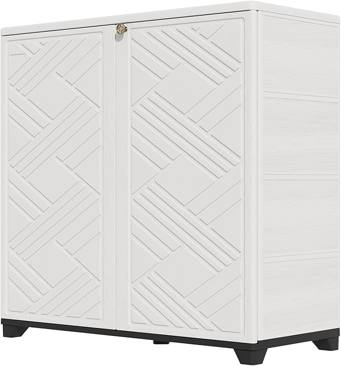 HOMSPARK Indoor/Outdoor Storage Cabinet with Doors and 1 Shelf, 34”x15”x34” HDPE Plastic Storage Box for Patio, Garden, Enterway, Balcony, Multi-Purpose for Daily Tools, White