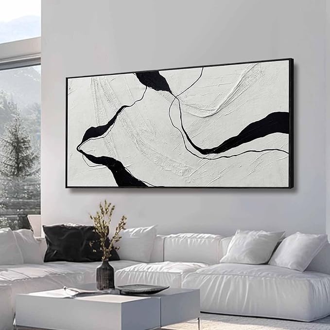 Large Framed Abstract Wall Art 29"x58" Black and White Contemporary Line Canvas Neutral Wall Decor for Modern Living Room Office Bedroom