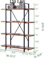 HSH 4 Tier Natural Real Wood Bookshelf, 4 Shelf Rustic Solid Wooden and Metal Bookcase, Farmhouse Open Vintage Industrial Etagere Book Shelf for Office Living Room Bedroom Storage, Distressed Brown