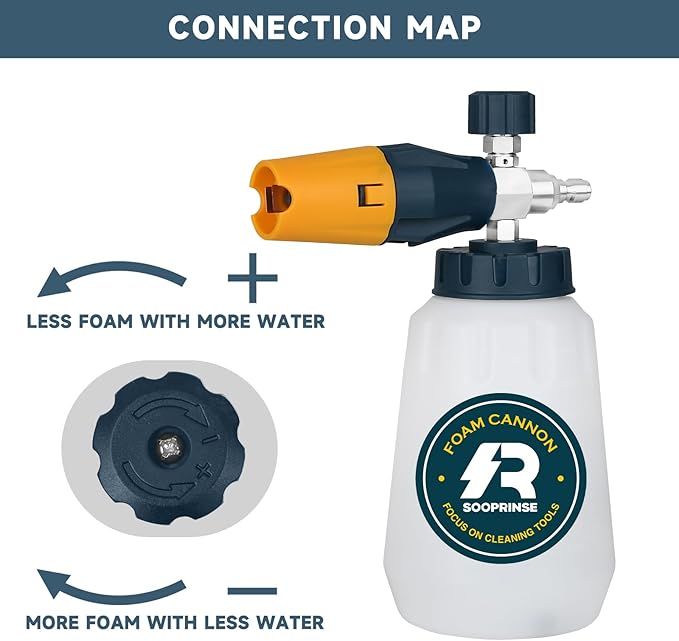 Sooprinse Foam Cannon with 1/4 Inch Quick Connector, Heavy Duty Car Foam Blaster Wide Neck Adjustable Snow Foam Lance for Pressure Washer, 1 Liter