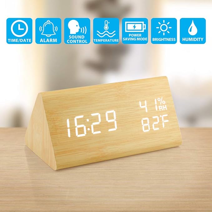 OCT17 Wooden Alarm Clock, Wood Alarm Clock Smart LED Digital Clock for Bedroom/desks, Upgraded with Time Temperature, Adjustable Brightness and Voice Control, Humidity Displaying - Bamboo