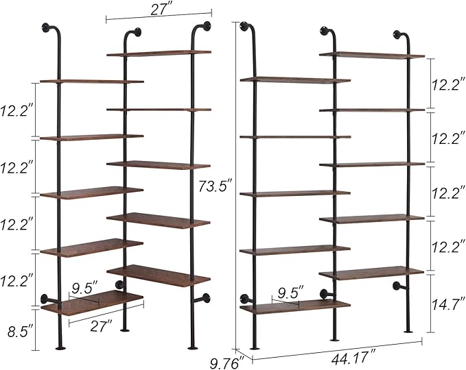 HOMBAZAAR Bookshelf,10-Tier L Shaped, Industrial Double Wide Wall Mount, Modern Bookcase with Metal Frame and Wood, Industrial Corner Pipe Shelf for Living Room and Office, Brown