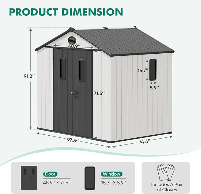 8x8 Resin Outdoor Storage Shed with Floor, Plastic Tool Shed for Gardening, Patio, and Deck, White/Gray
