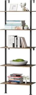 5 Tier Ladder Shelf Bookcase, Extra Sturdy Modern Bookshelf Wall Mounted, Tall Black Open Book Shelf, Standing Industrial Metal Frame with Wooden Shelves, 67“ (H) × 17(W)