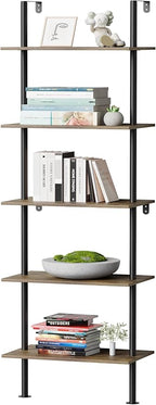 5 Tier Ladder Shelf Bookcase, Extra Sturdy Modern Bookshelf Wall Mounted, Tall Black Open Book Shelf, Standing Industrial Metal Frame with Wooden Shelves, 67“ (H) × 17(W)