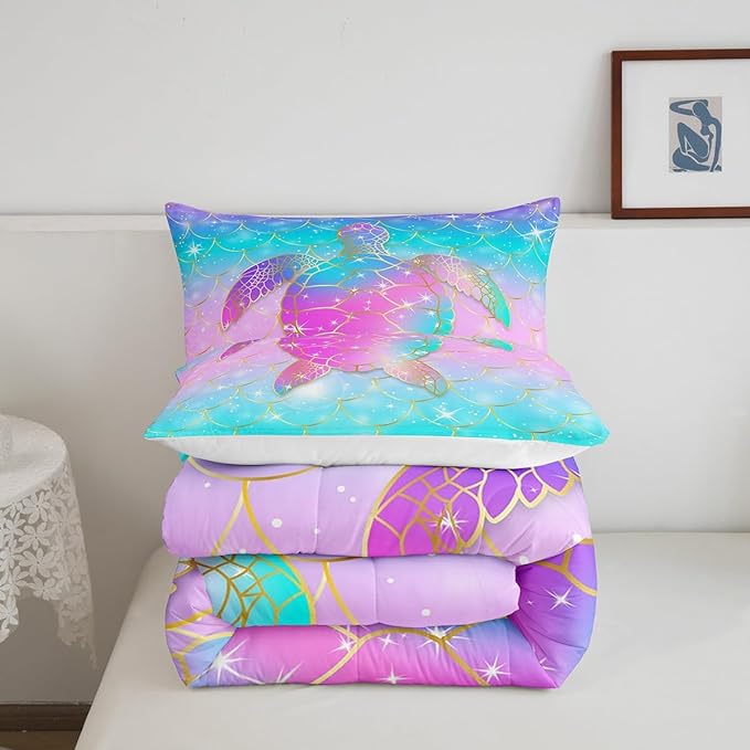 Erosebridal Mermaid Scales Comforter Set for Girls, Tortoise Reptile Bedding Set Queen Size, Sea Turtle Ocean Life Duvet Sets for Kids Children Boys Women, Sweet Girly Down Comforter, Teal Blue